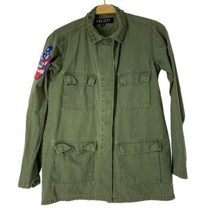 Womens Kill City sz XS Military Shirt Jacket Protest Artsy Patch American 5147